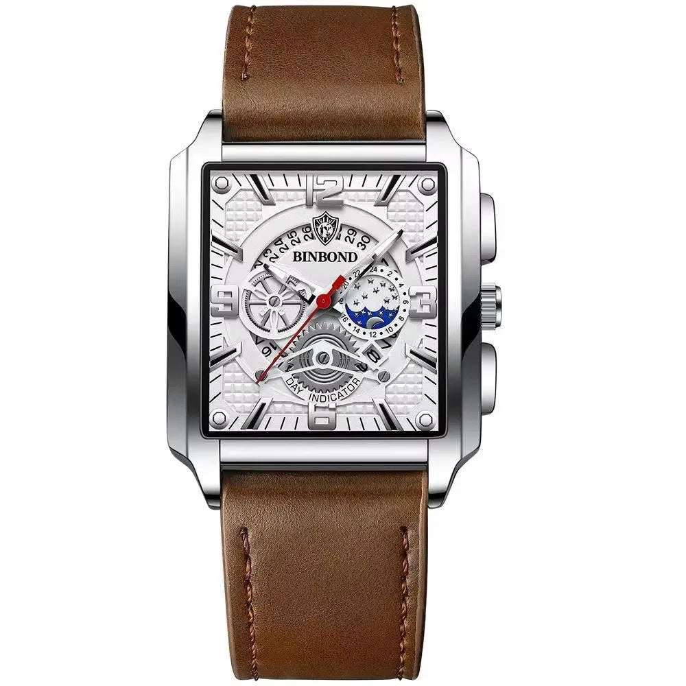 Binbond B6575 6575 Watch Stainless Steel Quartz Wrist Genuine Casual Square Waterproof Leather Belt Luminous Hands Men's Watches