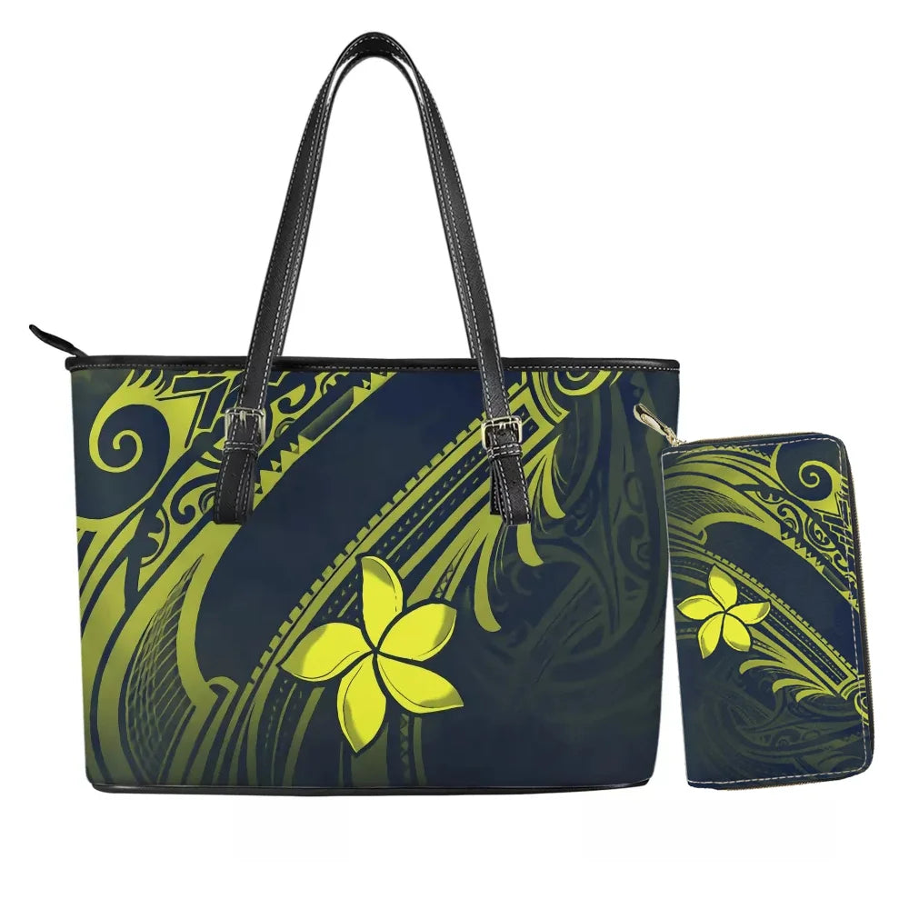 Hawaiian Flower Polynesian Design Print Women Handbags and Purses Set Customized Large Leather Tote Matching Long Zipper Wallet