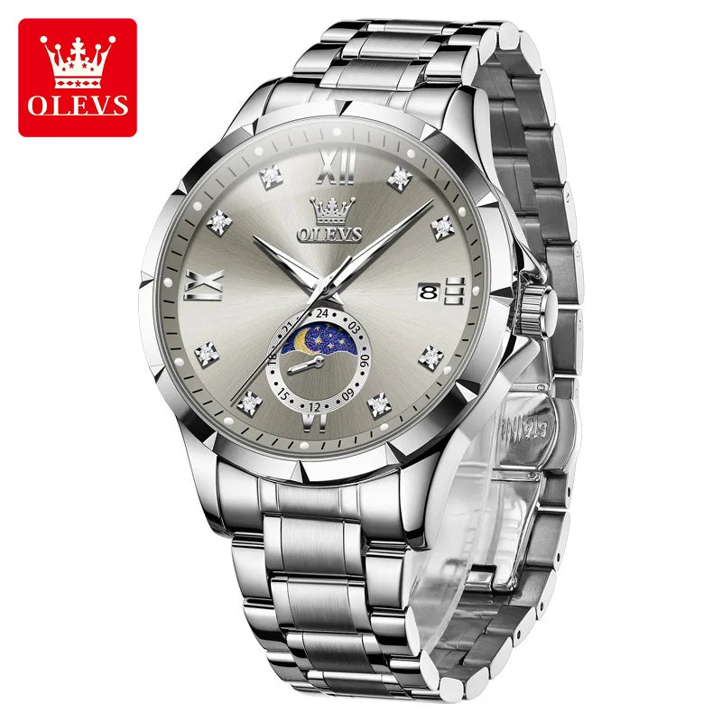 OLEVS 2956 Moon-Phase Wristwatch New Luxury Men's Watches Business Quartz Men Date Fashion Waterproof Stainless Steel Belt Watch