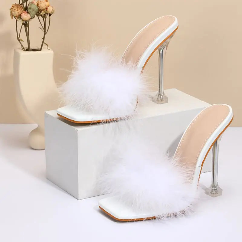 Feather Fur New Fashion Summer Spring Cute  Mules Lady  Sandals Slippers Elegant 2025 Heels for Women