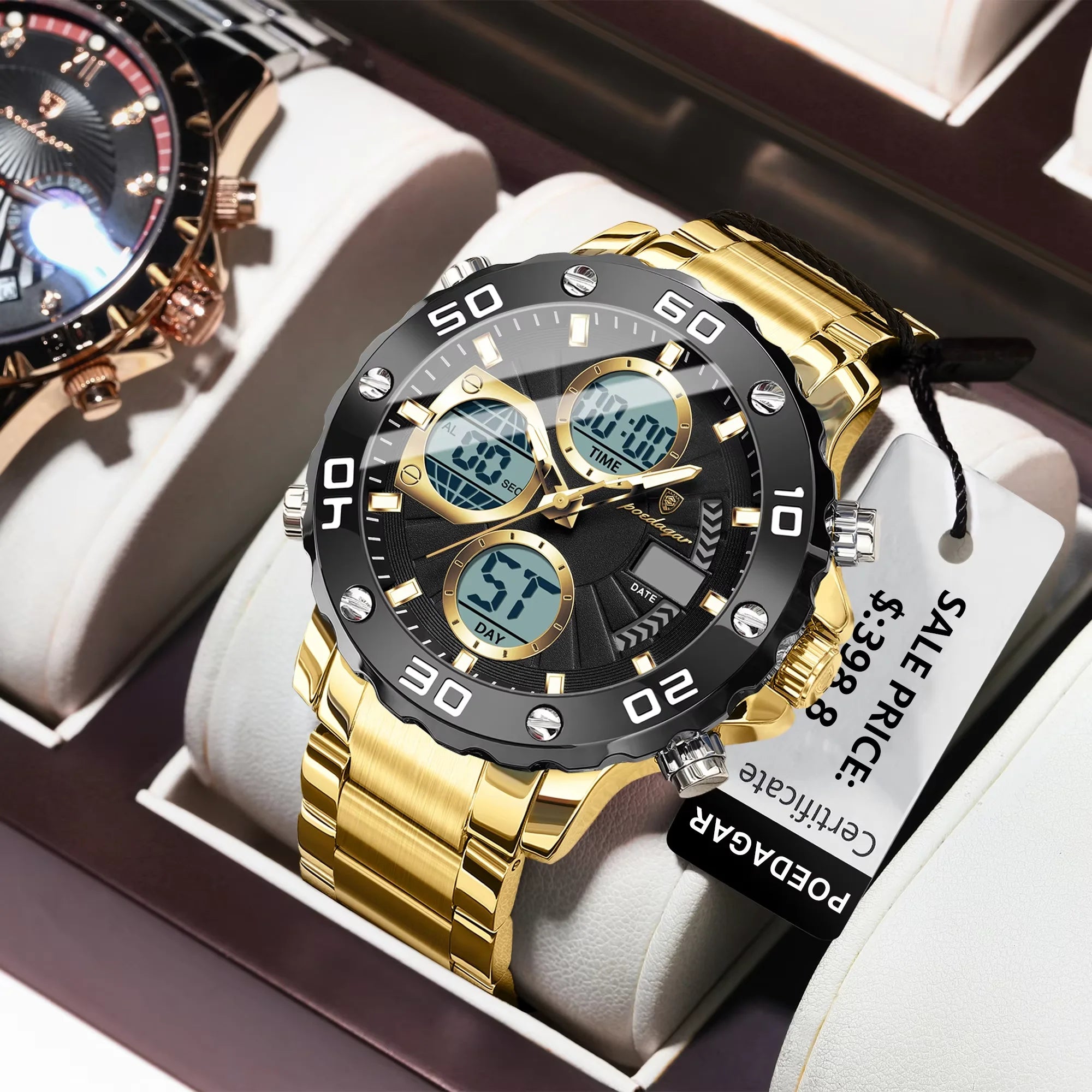 POEDAGAR Classic Men Clock Waterproof Luminous LED Date Week Chronograph Man Watch Dual Digital Display Quartz Men's Watches