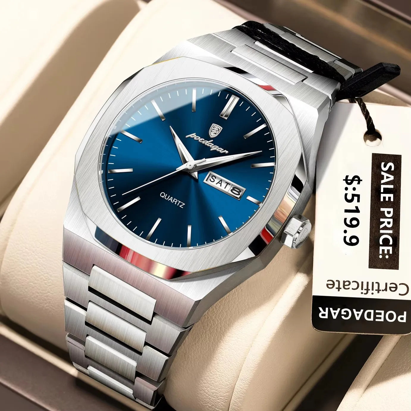 POEDAGAR 825 Men Waterproof Luminous Week Man Watch Quartz Men's Watches Luxury Casual Stainless Steel Fashion Sports Wristwatch