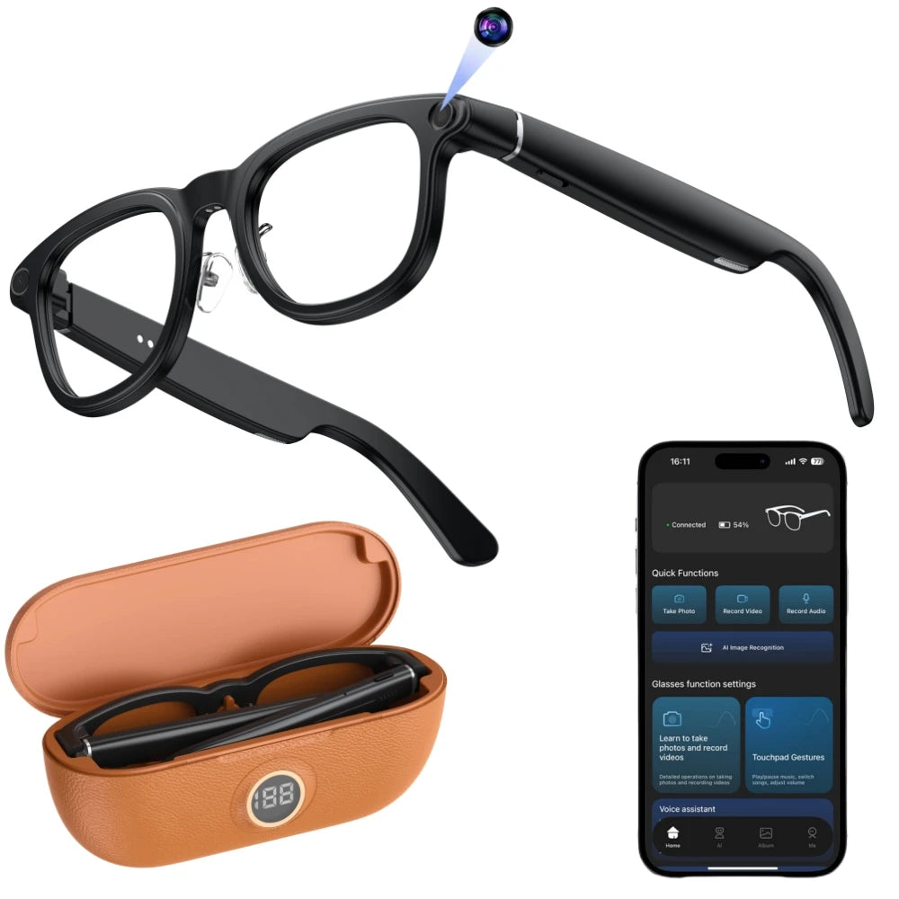 Smart AI Glasses with 3600mAh Battery 8MP Camera AI Assistant Real-Time Translation Phone Calls & Music Player-IPX-6 Waterproof