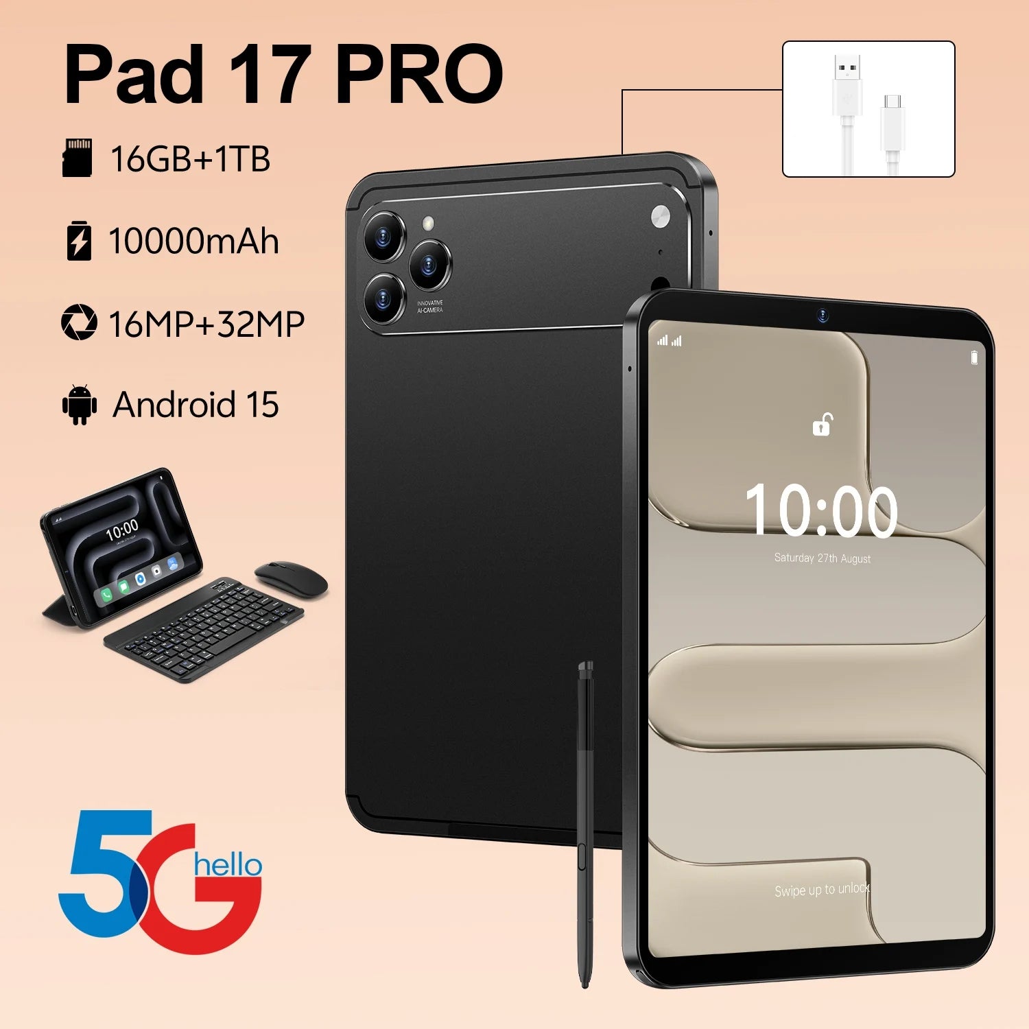 New Pad 17 Pro Educational Tablet PC 10.1" 2560x1600 Capacitive Screen 16GB Storage 5G/4G/3G/Wi-Fi Android 15 Dual Core 1.5GHz