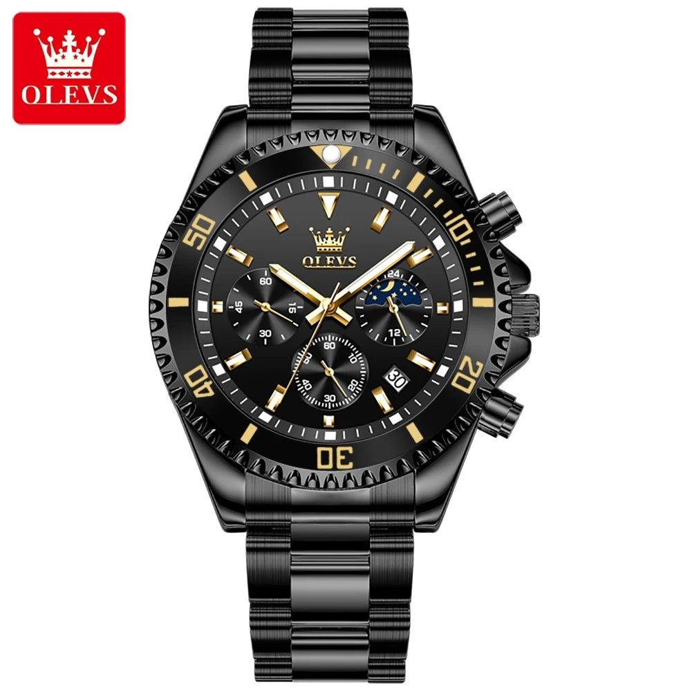 OLEVS 2870 Men's Watches Luxury Watch for Men Original Waterproof Stainless Steel Wristwatch Moon Phase Date Rota Dial