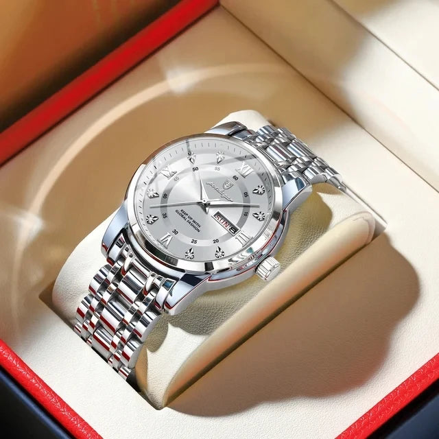 POEDAGAR Watch for Man Elegant Date Week Waterproof Luminous Men Watch Quartz Stainless Steel Sports Men's Watches Reloj 936