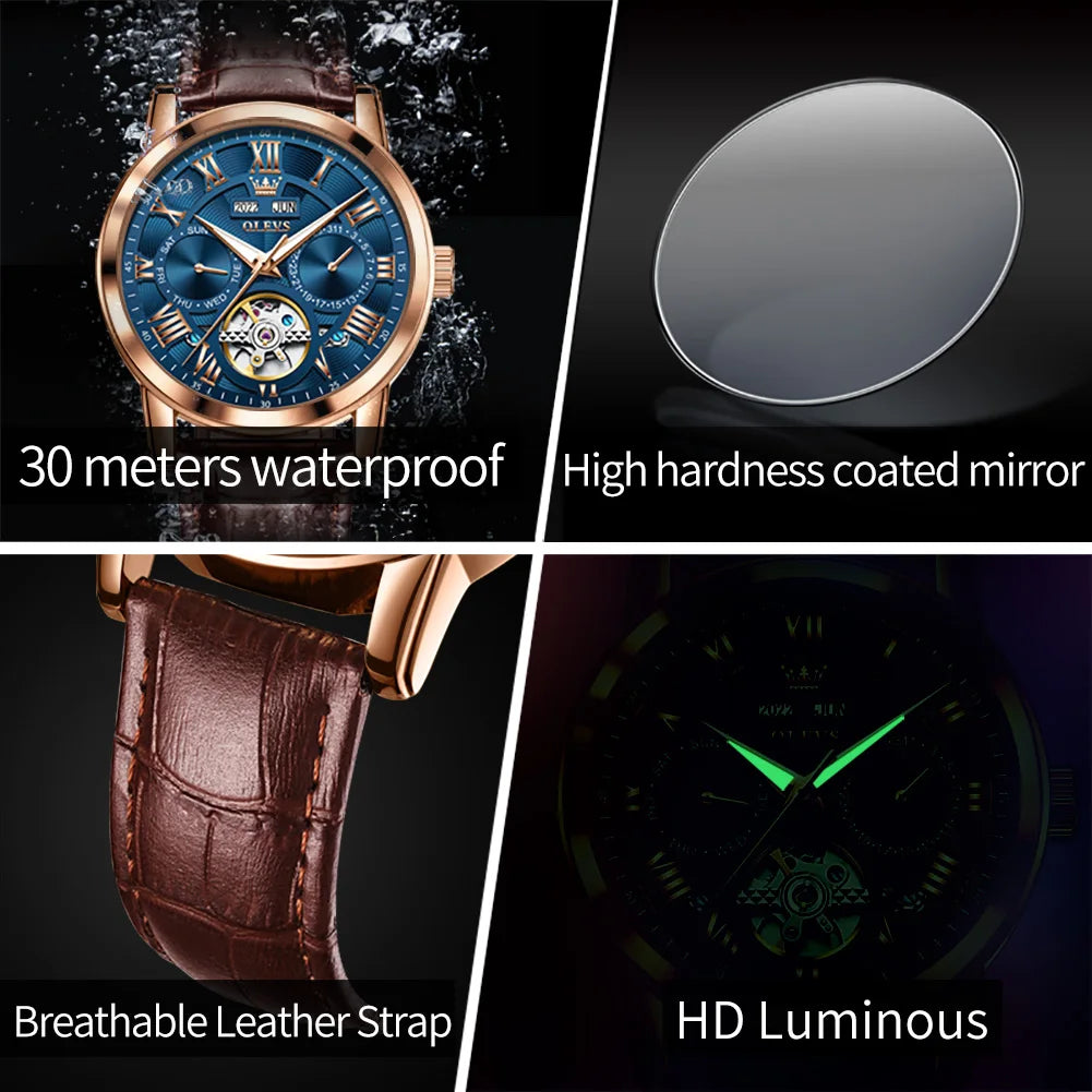 OLEVS 6668 Men's Watches Mirror Original Mechanical Watch for Man Waterproof Luminous Wristwatch Male Date Hours