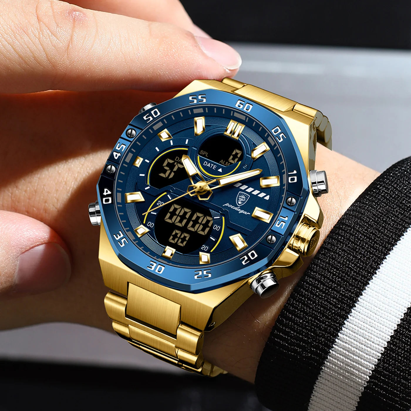 POEDAGAR E101 Dual Display Brand Luxury Quartz Digital Fashion Men's Watches Multi Functional Stainless Steel Belt Watch for Men