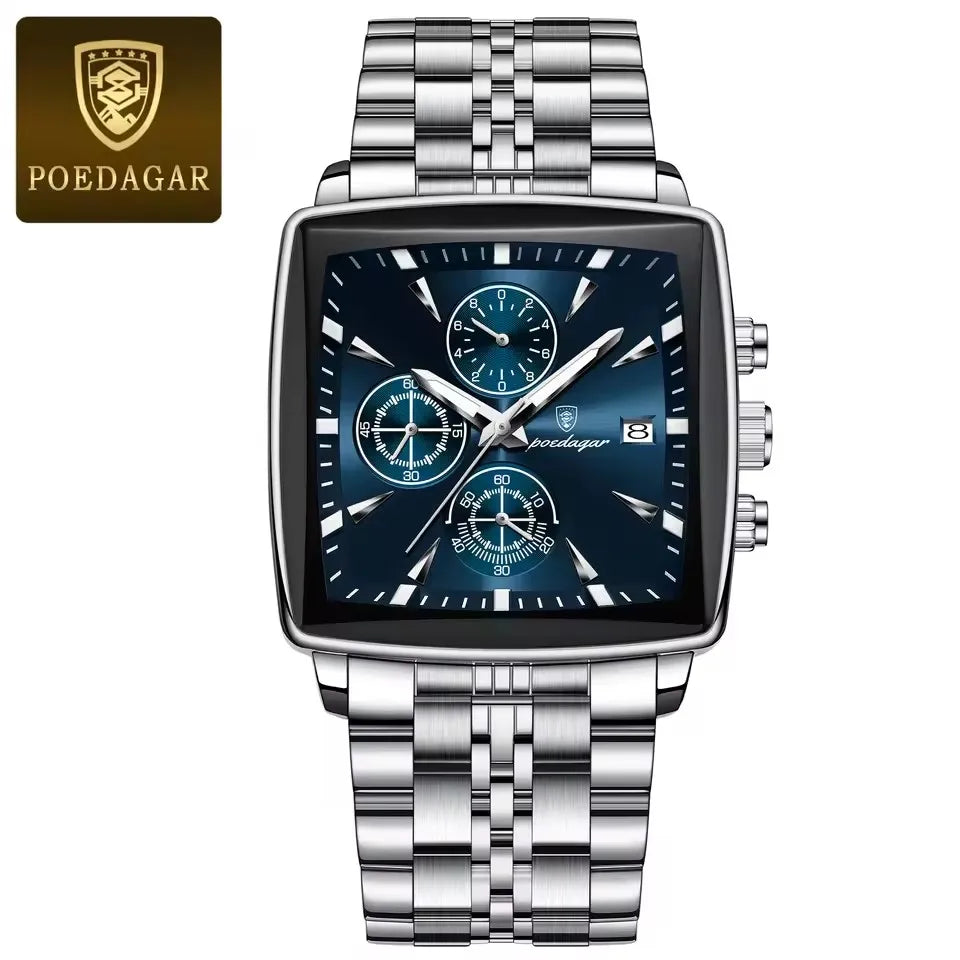 POEDAGAR 866 Fashion Square Sport Man Wristwatch Waterproof Luminous Chronograph Quartz Men's Watches Stainless Steel Men Watch