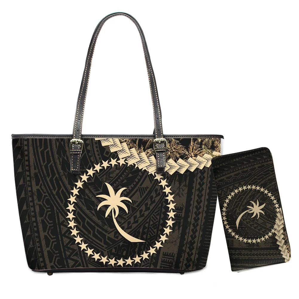 Hawaiian Flower Polynesian Design Print Women Handbags and Purses Set Customized Large Leather Tote Matching Long Zipper Wallet