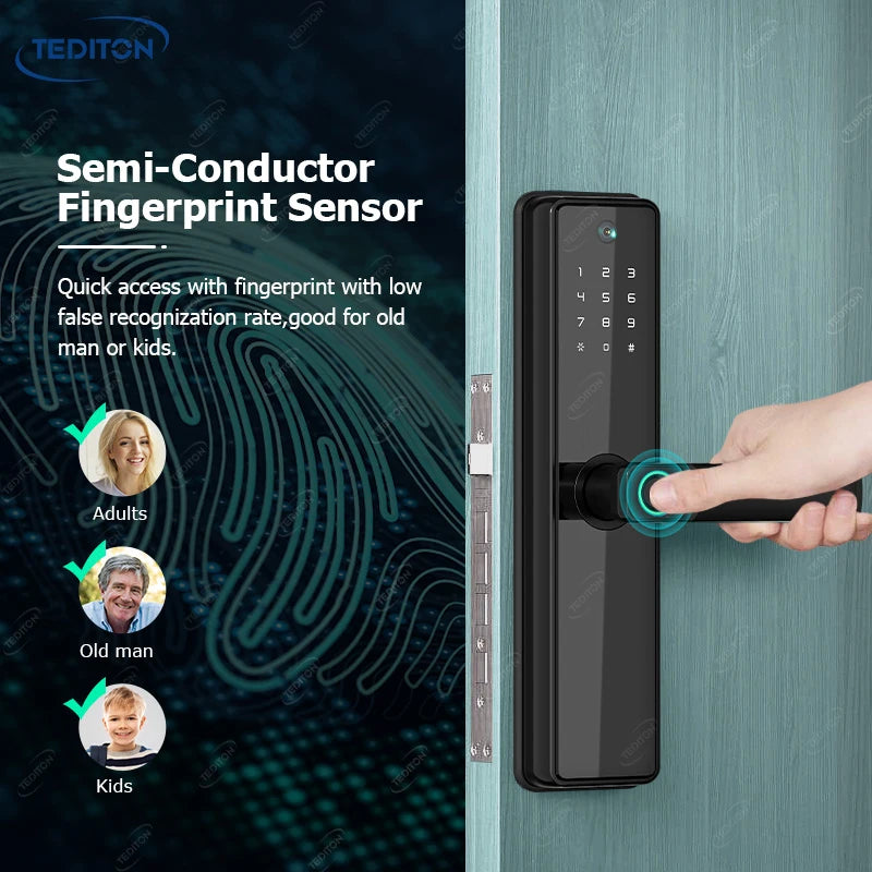 Tediton Waterproof Biometric Digital Fingerprint Smart Camera Door Lock With Tuya Wifi for Home Apartment