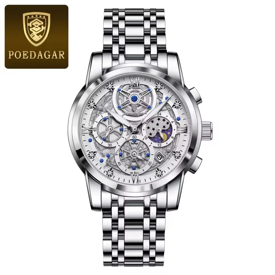 POEDAGAR 984 Luxury Fashion Watch Men Waterproof Luminous Auto Date Chronograph Japan Quartz Stainless Steel Strap Men's Watches