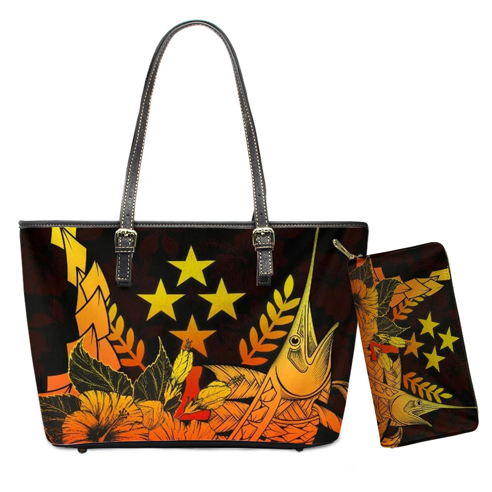 Hawaiian Flower Polynesian Design Print Women Handbags and Purses Set Customized Large Leather Tote Matching Long Zipper Wallet
