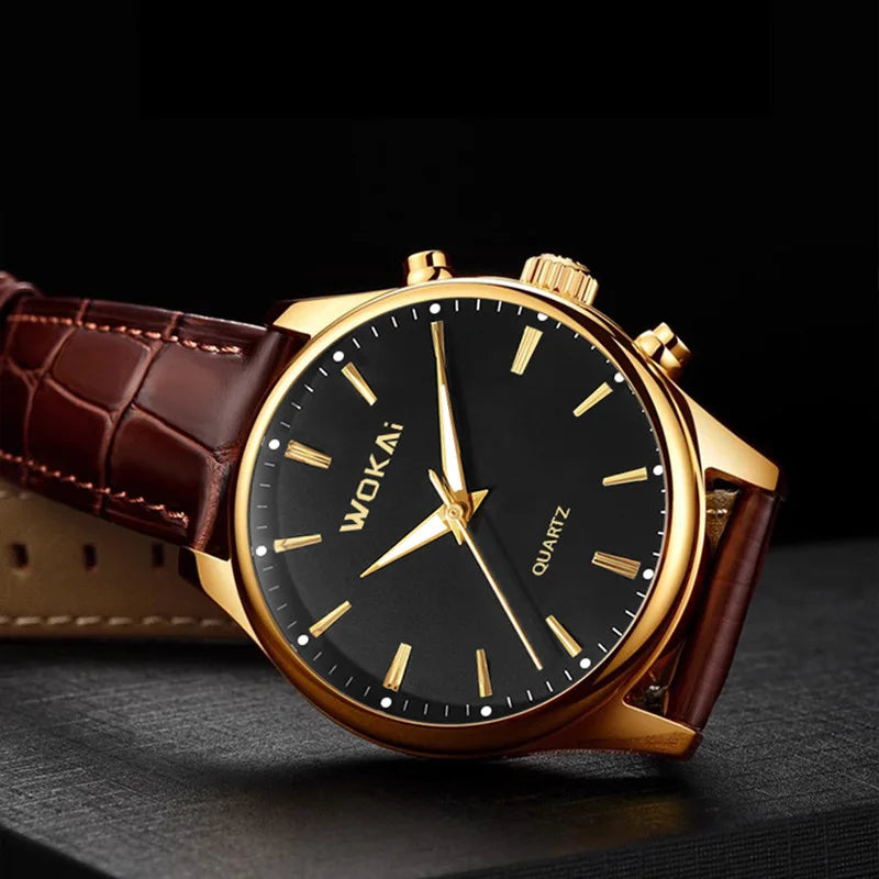 Wokai 8018 New Arrive Fashion Business Watch Men's Watches Casual Leather Band Quartz Luxury Wristwatches Men Clock Relogio