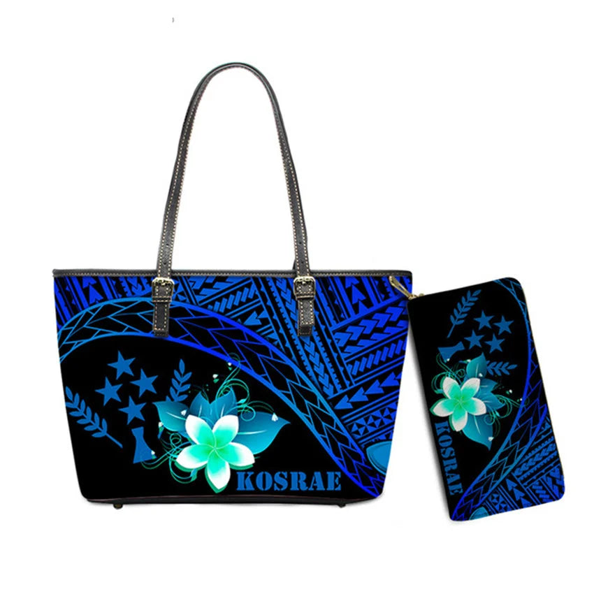 Hawaiian Flower Polynesian Design Print Women Handbags and Purses Set Customized Large Leather Tote Matching Long Zipper Wallet