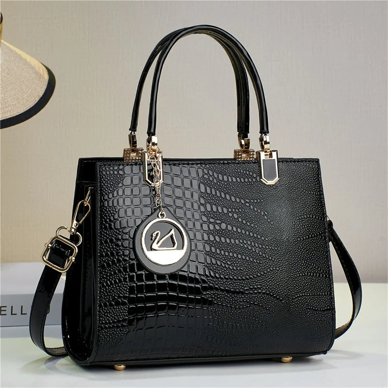2026 Large Capacity Handbag, Lizard Pattern, Glossy Leather, High-end Feeling, Cross-border Minimalist Women's Bag