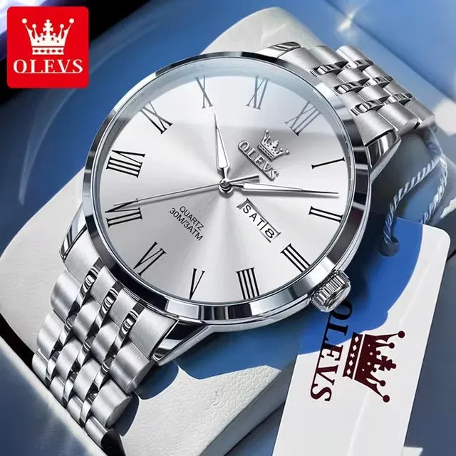 OLEVS 3633 Men's Watches Stainless Steel Business Quartz Watch for Man Waterproof Luminous Dual Calendar Display Wristwatch