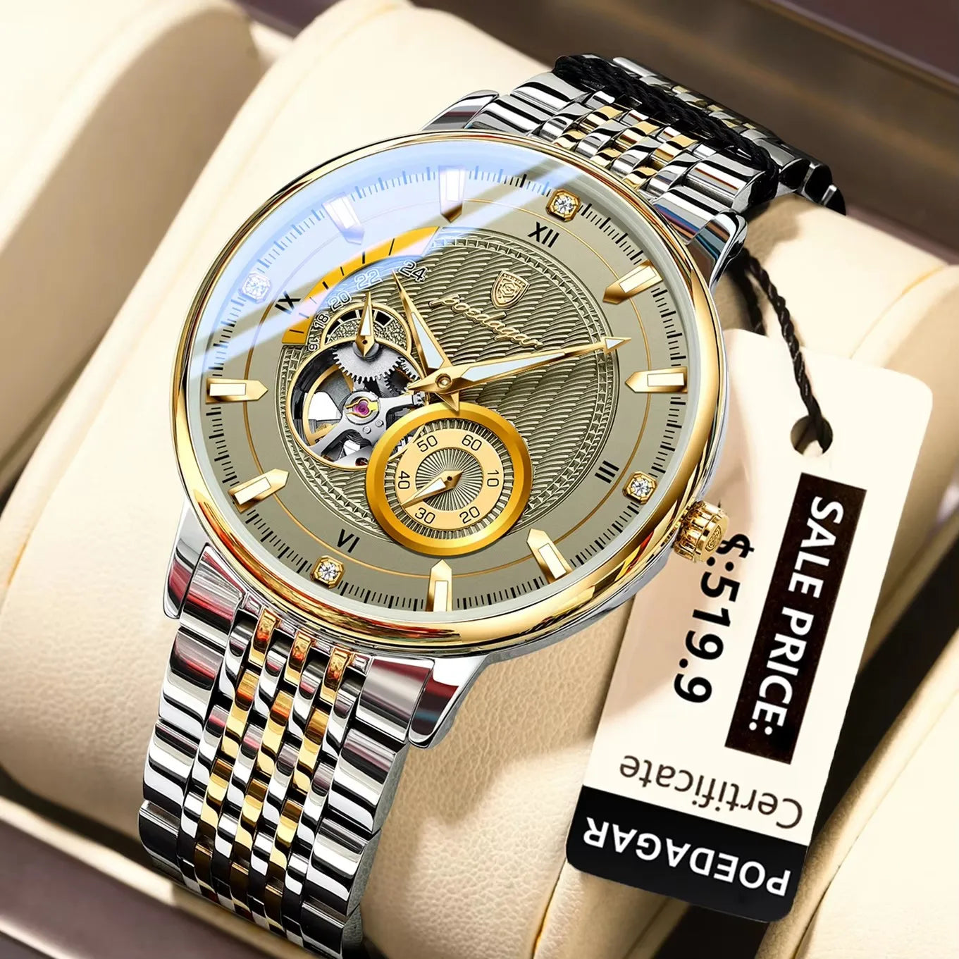 POEDAGAR 1416 New Luxury Man Watch Tourbillon Stainless Steel Men Waterproof Automatic Mechanical Hollow Out Men's Watches