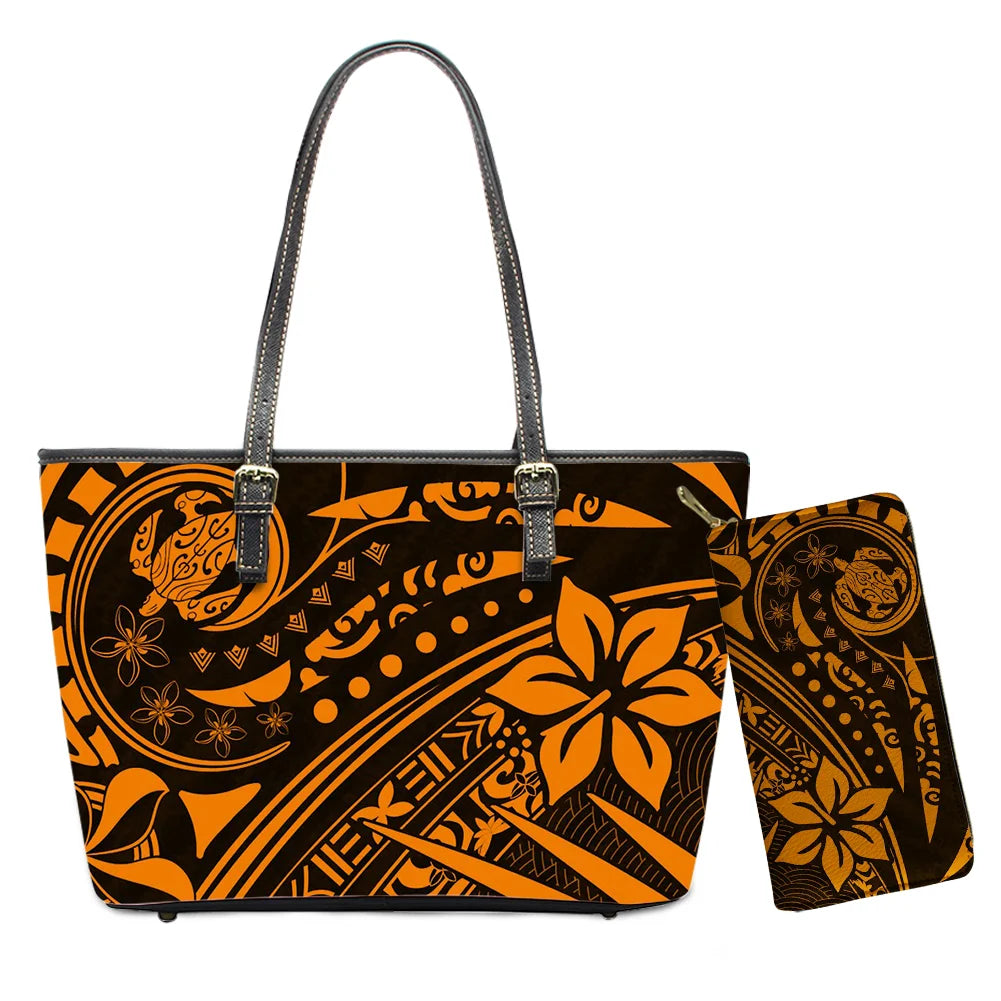 Hawaiian Flower Polynesian Design Print Women Handbags and Purses Set Customized Large Leather Tote Matching Long Zipper Wallet