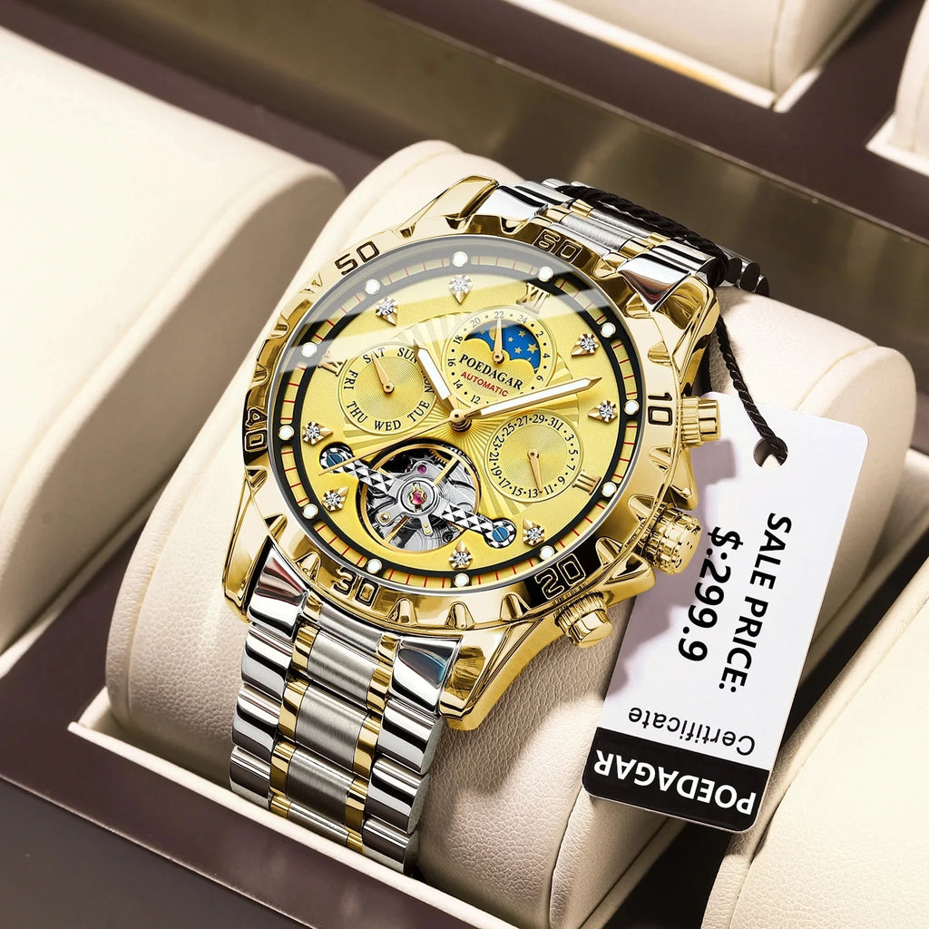 POEDAGAR Luxury Automatic Mechanical Men Watch Tourbillon Waterproof Luminous Date Week Wristwatch Stainless Steel Men's Watches