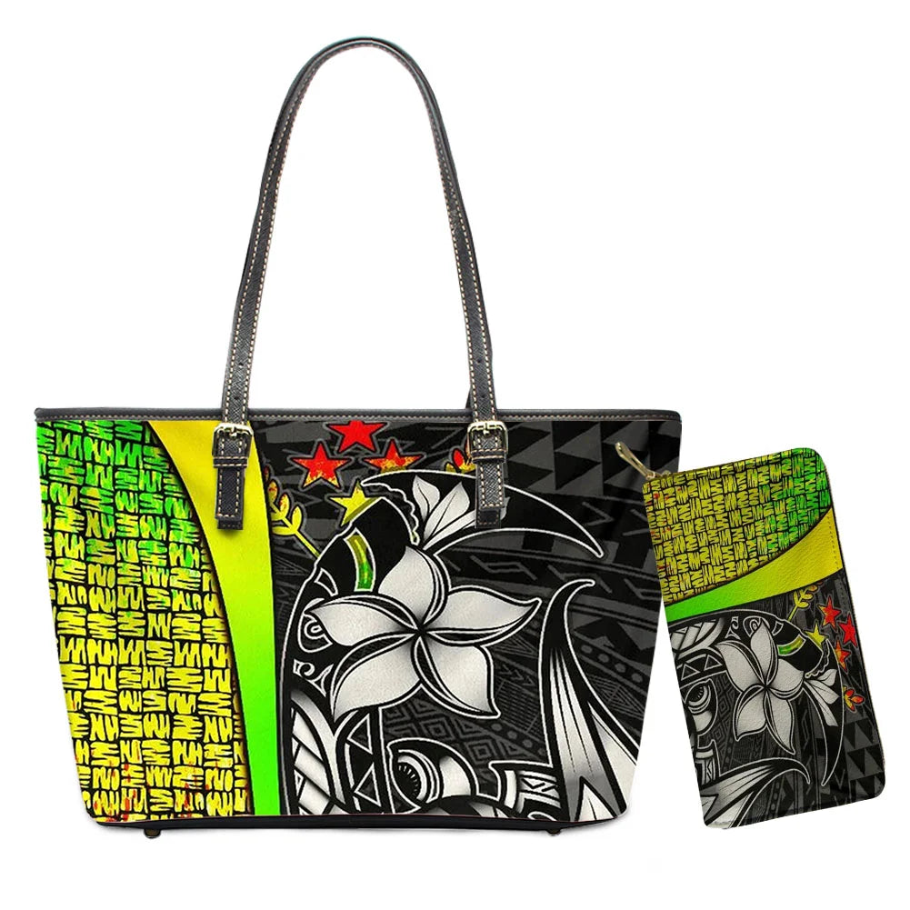 Hawaiian Flower Polynesian Design Print Women Handbags and Purses Set Customized Large Leather Tote Matching Long Zipper Wallet