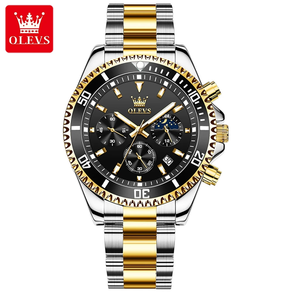 OLEVS 2870 Men's Watches Luxury Watch for Men Original Waterproof Stainless Steel Wristwatch Moon Phase Date Rota Dial