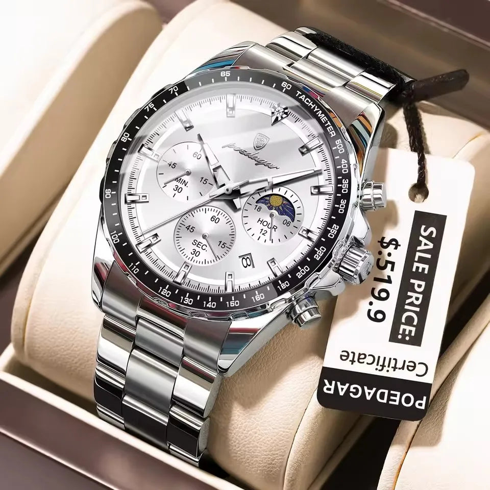 POEDAGAR 879 Luminous Chronograph Date Reloj Watch Original Men Clock Sports Waterproof Man Stainless Steel Quartz Men's Watches