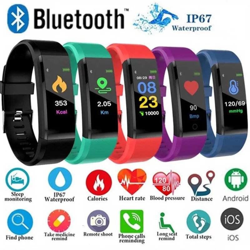 New 115Plus Smart Watch Health Bracelet with Heart Rate & Blood Pressure Monitoring Fitness Tracker Bluetooth Wristband