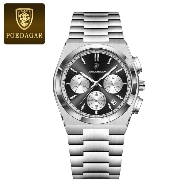 POEDAGAR 970 New Luxury Man Quartz Watch Sport Watch for Men Waterproof Luminous Date Chronograph Stainless Steel Men's Watches