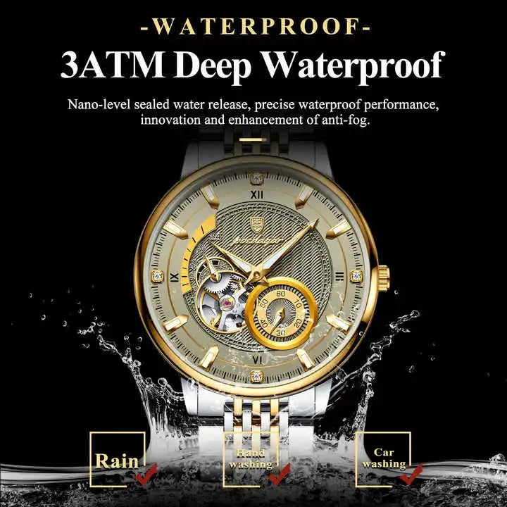 POEDAGAR 1416 Top Luxury Men Luminous Hollow Tourbillon Automatic Man Wristwatch Mechanical Stainless Steel Men's Watches Reloj