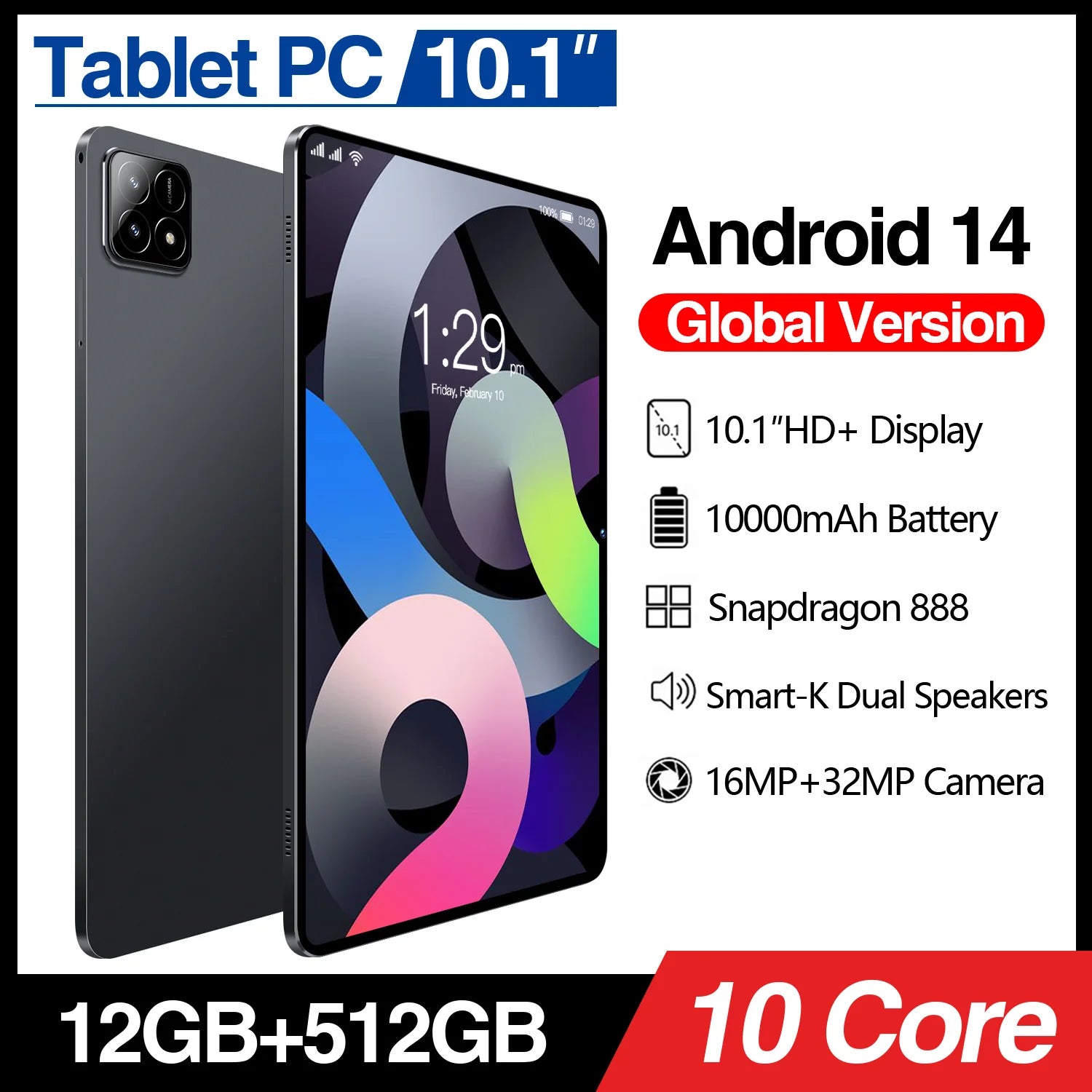 Pad6S 10.1-Inch Quad Core Android Tablet PC with 4G Network 12GB Memory Capacitive Front Phone HD Display Resolution