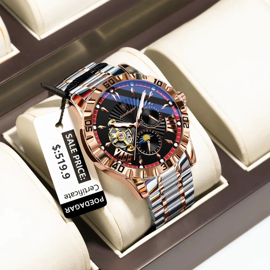 POEDAGAR 1415 Automatic Mechanical Man Watch Waterproof Luxury Men Hollow Out Tourbillon Luminous Stainless Steel Men's Watches