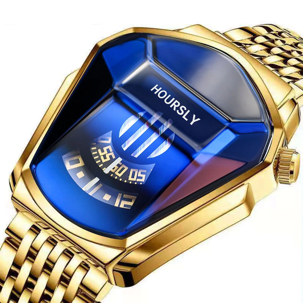 HOURSLY 6617 Fashion Men's Watches Motorcycle Cool Waterproof Sport Wristwatch Quartz Stainless Steel Leather GoldClock Watch