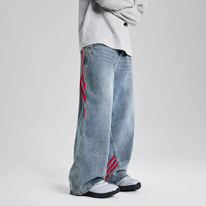 Men Striped Cargo Blue Jeans Men's  Fashion Loose Designer Straight Leg Casual Pants Stone Wash Wide-leg Jeans for Men