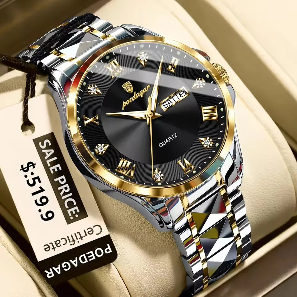 POEDAGAR 883 Date Week Man Wristwatch Stainless Steel Belt Fashion Men Clock Waterproof Luminous Quartz Men's Watches Male Reloj