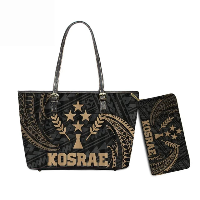 Hawaiian Flower Polynesian Design Print Women Handbags and Purses Set Customized Large Leather Tote Matching Long Zipper Wallet