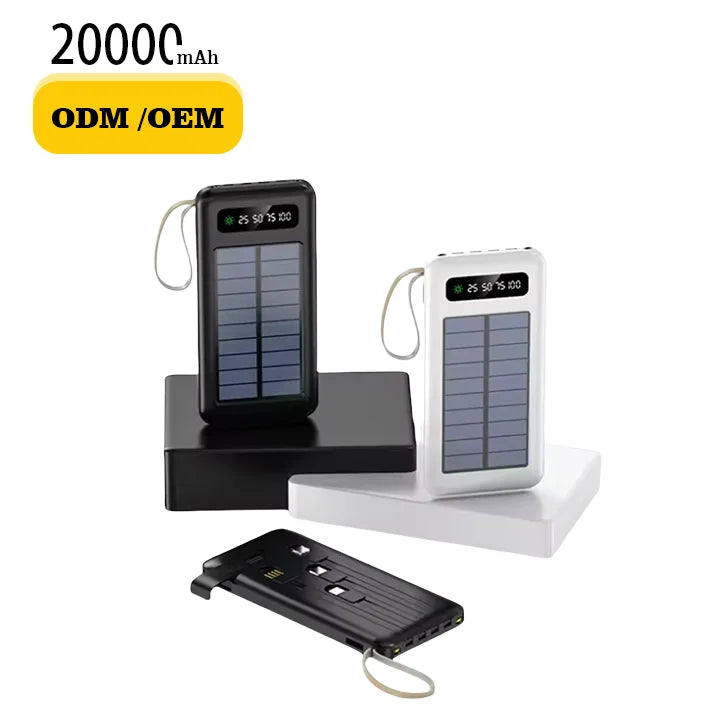 Lanyard Design Comes with Mobile Phone Holder 2USB Output 1 to 4 Output Charging Cable 20000 MAh Solar Power Bank