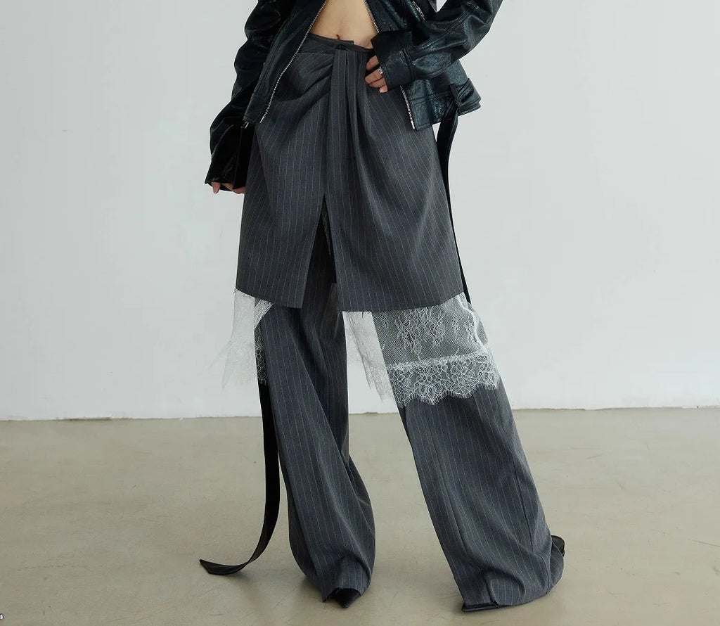 OUDINA New Unique Personality Three-piece Multi-wearing Detachable Trousers Lace Patchwork Striped Wide Leg Women's Casual Pants