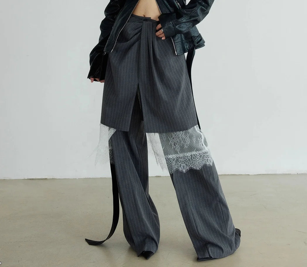 OUDINA New Unique Personality Three-piece Multi-wearing Detachable Trousers Lace Patchwork Striped Wide Leg Women's Casual Pants