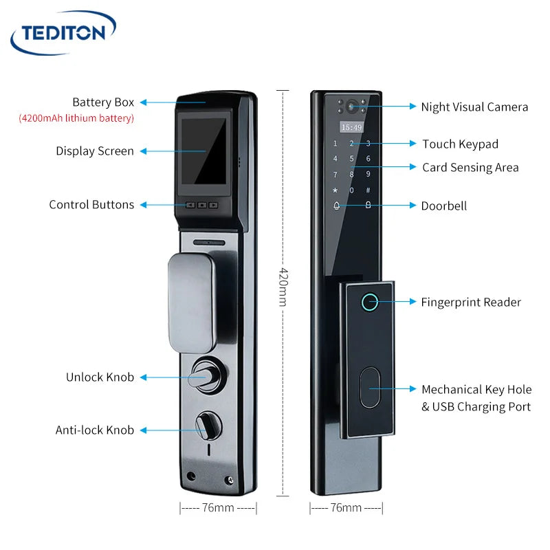 Tediton Fechaduras Inteligentes Biometric Fingerprint Security Digital Fingerprint Smart Camera Door Lock