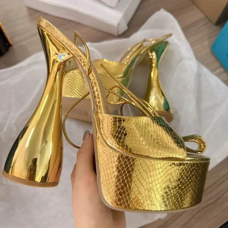 2023 Sandalias Mujer Tacones Talons Femme17CM Shoes Women Cup Block Heel Platform Lace up Sandals Peep Toe Heels