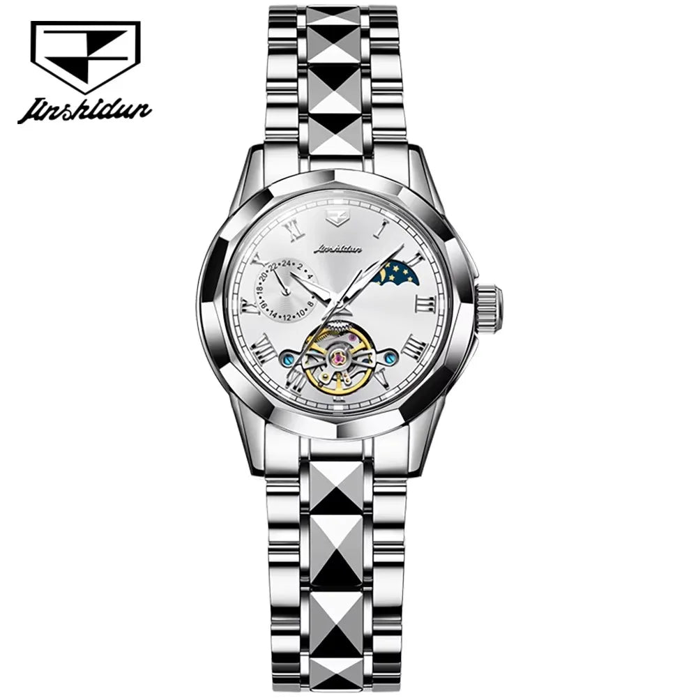 Jsdun 8937 Tungsten and Stainless Steel Wristwatch Moon Phase Automatic Movement Fashion Mechanical Watch Ladies Women's Watches