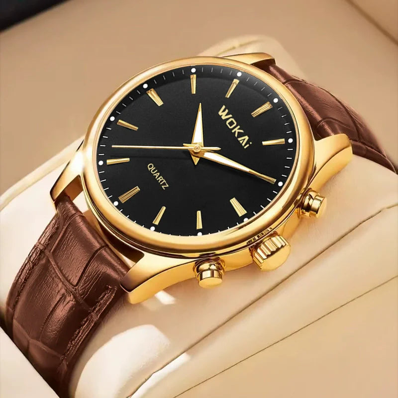 Wokai 8018 New Arrive Fashion Business Watch Men's Watches Casual Leather Band Quartz Luxury Wristwatches Men Clock Relogio