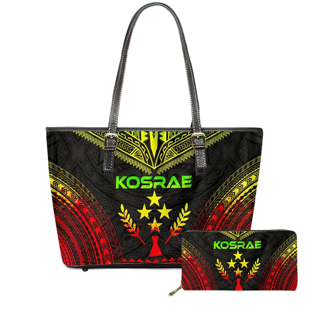 Hawaiian Flower Polynesian Design Print Women Handbags and Purses Set Customized Large Leather Tote Matching Long Zipper Wallet