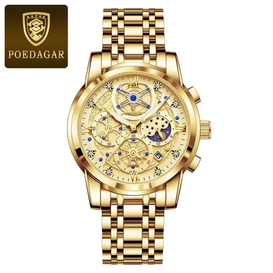 POEDAGAR 984 Luxury Fashion Watch Men Waterproof Luminous Auto Date Chronograph Japan Quartz Stainless Steel Strap Men's Watches
