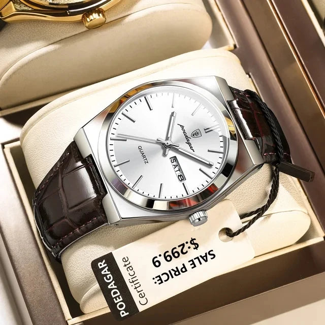 POEDAGAR 930 Luxury Watch for Man Waterproof Luminous Date Week Leather Men Watch Casual Quartz Men's Watches Male Clock