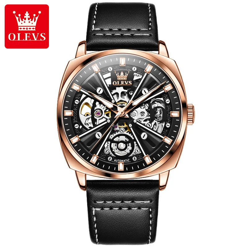 2024 OLEVS 6685 Automatic Men's Watches Hollow Out Style Automatic Mechanical Wristwatch Waterproof Luminous Leather Men's Watch