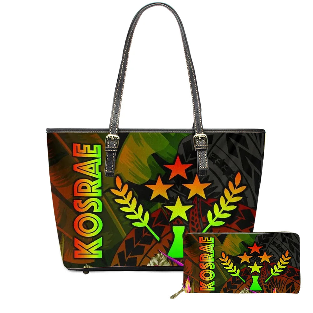 Hawaiian Flower Polynesian Design Print Women Handbags and Purses Set Customized Large Leather Tote Matching Long Zipper Wallet