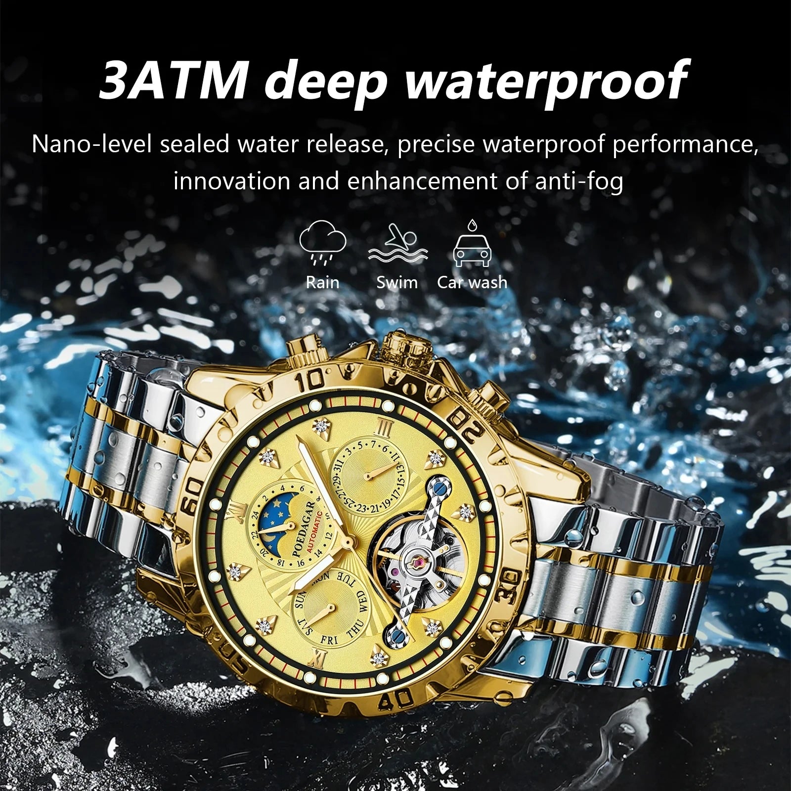 POEDAGAR Luxury Automatic Mechanical Men Watch Tourbillon Waterproof Luminous Date Week Wristwatch Stainless Steel Men's Watches