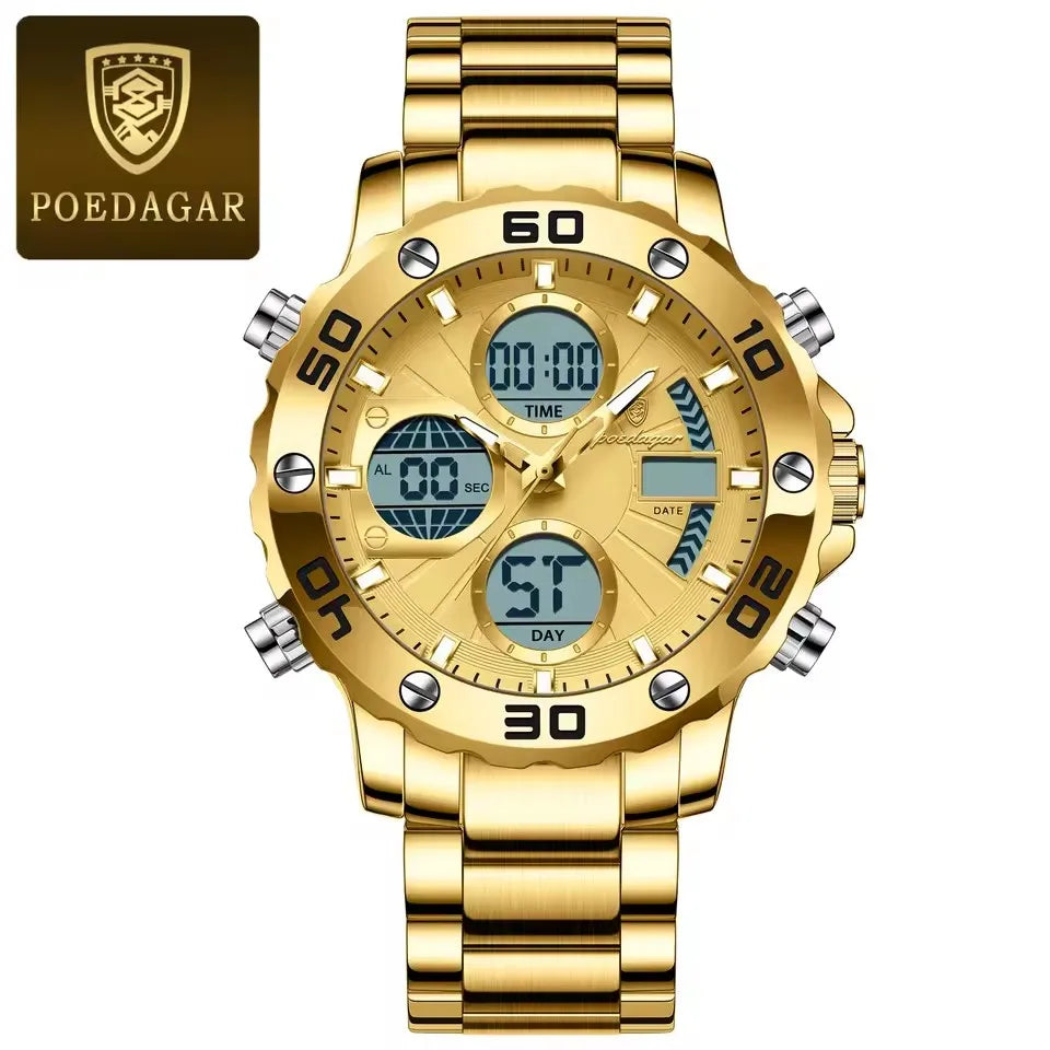 POEDAGAR Classic Men Clock Waterproof Luminous LED Date Week Chronograph Man Watch Dual Digital Display Quartz Men's Watches
